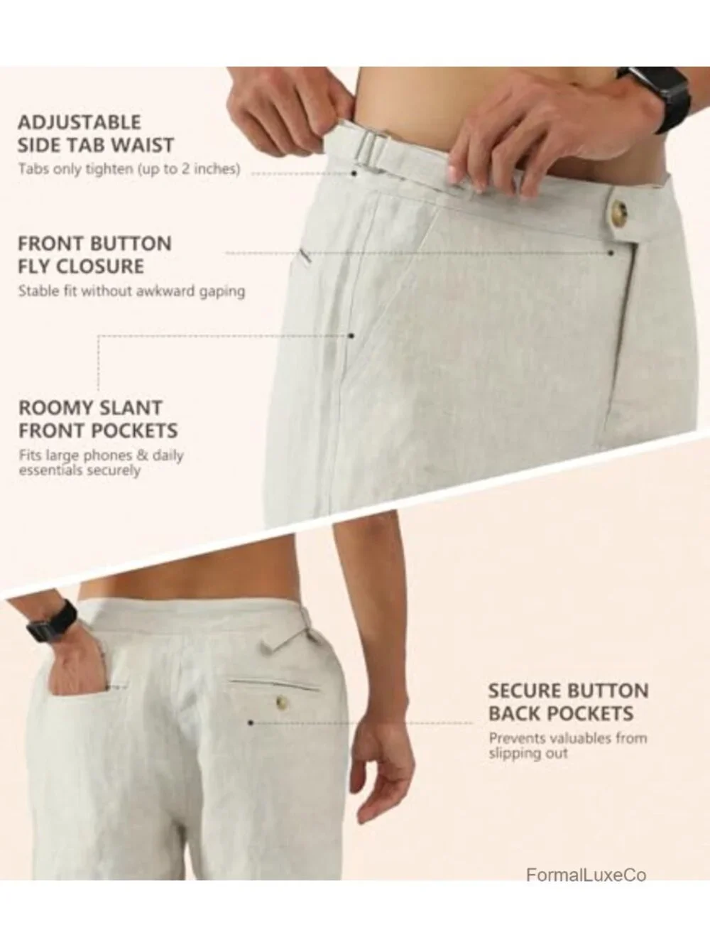 Men's 100% Linen Tapered Casual Pants Side Tab Adjustable Waist 4 Pockets
